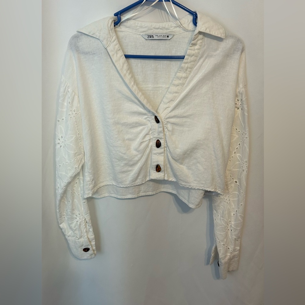 Zara cropped linen blend embroidered eyelet shirt